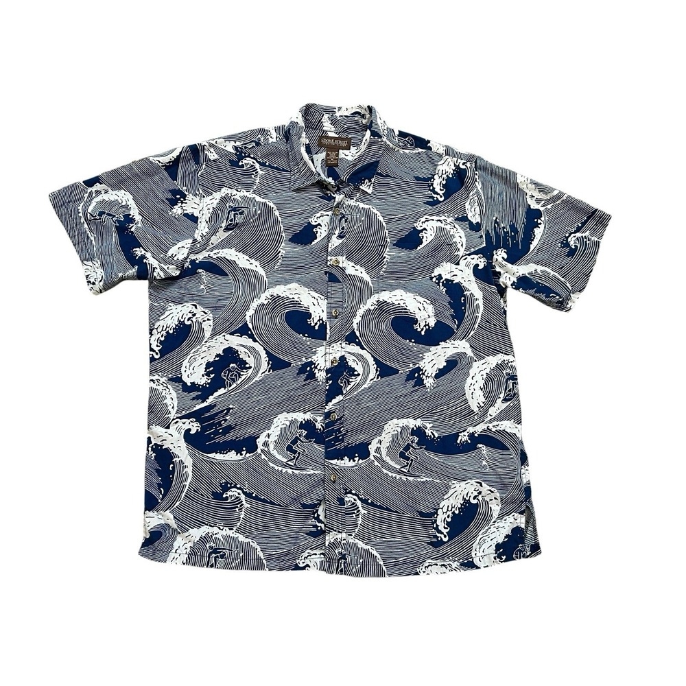 Cooke Street Hawaiian Shirt Men's  XL Surfer Waves Graphic Blue Cotton Resort‎